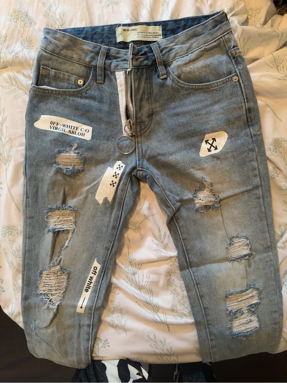 Off-White Kids Distressed Light Blue Graphic Denim Jeans